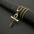 Collana egiziana Ankh in oro con diamanti e catena a sfere su sfondo in pelle nera di lusso - Solo ciondolo dorato