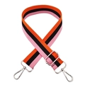 Close-up of adjustable rainbow canvas strap with silver lobster hooks and striped texture - Pink Black Orange Stripe + Silver Buckle