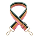 Detail view of rainbow striped wide replacement bag strap with golden metal swivel hooks - Deep Pink Yellow Blue Stripe + Gold Buckle