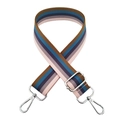 Detail of adjustable rainbow striped bag strap with shiny silver lobster metal clasps - Light Pink Purple Blue Stripe + Silver Buckle