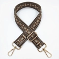 Ethnic embroidered jacquard bag strap with geometric rhombus patterns and gold buckles - Black Base Brown