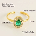 18K gold plated stainless steel adjustable ring with green zircon and white crystals - Oval Ring (608) - Green Zircon