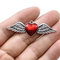 Gothic heart with silver wings pendant and red enamel finish for necklaces - Red Heart Silver Wings