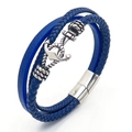 Bracciale multistrato da uomo in pelle intrecciata blu scuro con ciondolo ad ancora - Blu / 19cm