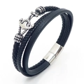 Bracciale multistrato in pelle nera da uomo con ciondolo ad ancora d'argento e chiusura magnetica - Nero / 19cm