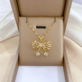 Elegant gold titanium steel necklace featuring a zircon butterfly pendant in a gift box - Titanium Steel Chain + Copper Pendant / Bowknot Necklace (D521)