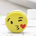 Yellow round tinplate coin purse featuring a cartoon blowing kiss emoji with strap - Emoji Kissing Face Yellow Style 01
