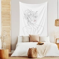Detailed close-up showing minimalist black and white line art tapestry on a bedroom wall - 95x73cm (Brushed) / Floral Girl A (Style-3)