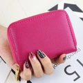 Slim rose red leather card wallet with lychee pattern and gold zipper detail - Rose Red