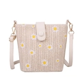 Cremefarbene Stroh-Beuteltasche mit Gänseblümchen-Print und Lederriemen auf weißem Grund - Weiß