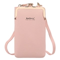 Vertical light pink leather crossbody phone bag with lychee texture and clip closure - Pink
