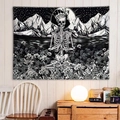 Detailed black and white gothic tapestry showing skull and floral art on a wooden wall - Crowned Skull Meditation