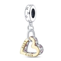 Silver bead with stars and double gold and silver heart charms with Love Luck engraving - Love Luck Double Heart Dangle
