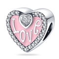 Silver heart bead with pink enamel, LOVE inscription and crystals for DIY bracelet - Love Heart Enamel Bead