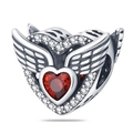 Detailed view of silver heart wing charm with red gemstone and sparkling zirconias - Red Zircon Heart Wing Bead
