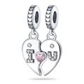 Silver heart-shaped charms with pink zircon and I U letters for jewelry making - I Love You Split Heart Charms