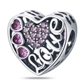 Detail of silver heart charm with pink cubic zirconia and Love inscription - Love Letter Heart Bead