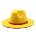 Classic bright yellow wool fedora hat featuring a stylish red belt strap with metal buckle - Yellow
