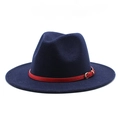 Classic navy blue wool fedora hat with a red leather strap and gold buckle detail - Navy Blue