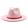 Classic light pink fedora hat with a contrasting red leather band and golden buckle - Pink