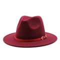 Classic burgundy wool fedora hat with red leather band and golden buckle detail - Burgundy
