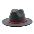 Dark grey wool fedora hat featuring a stylish red leather band and gold buckle detail - Dark Gray