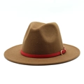 Classic dark brown felt fedora hat featuring a red leather band and golden metal buckle - Light Coffee