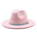 Pink wool fedora hat with wide brim featuring a contrasting light blue leather band - Pink