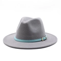Gray wool fedora hat with sky blue leather band and golden buckle for men and women - Light Gray