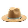 Classic camel wool fedora hat featuring a light blue leather band and golden buckle - Camel