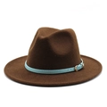 British style wool fedora hat in brown with a light blue leather band and gold buckle - Dark Coffee