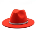 Elegant red wool fedora hat with light blue leather strap and gold metal buckle detail - L (59-61cm) / Orange Red