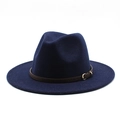 Classico cappello fedora in lana blu scuro con cinturino in pelle marrone e fibbia - L (59-61cm) / Blu navy