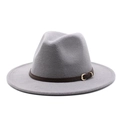 Classico cappello fedora in lana grigia con cintura in pelle marrone e fibbia dorata - L (59-61cm) / Grigio chiaro