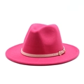 Pink wide brim wool fedora hat with beige leather band and gold buckle detail - Rose Red