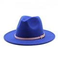Dark blue wool fedora hat with wide flat brim and light pink leather band with gold buckle - Sapphire Blue
