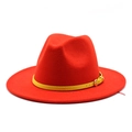 Classic red wool fedora hat featuring a yellow leather band with a silver metal buckle - L (59-61cm) / Orange Red