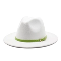White wool fedora hat with a contrasting grass green leather band and gold metal buckle - L (59-61cm) / White