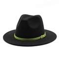 Classic black wool fedora hat with wide brim and green belt with metal buckle - Black