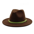 Classic dark brown wool fedora hat with a light green thin leather belt and gold buckle - Dark Coffee