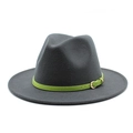 Dark grey wool fedora hat with a bright green faux leather band and gold buckle - Dark Gray