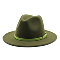 Dark olive green wool fedora hat featuring a bright green leather band and gold buckle - Army Green