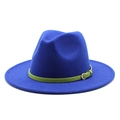 Royal blue wool fedora hat for men and women with green belt buckle strap detail - Sapphire Blue