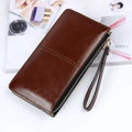 Brown oil wax leather long zipper wallet with wristlet and cross-stitch detail - Brown