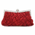 Rote gewebte Satin-Abendtasche mit glitzerndem Strassverschluss und silbernem Metallrahmen - Rot