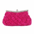 Fuchsia gewebte Satin-Abendtasche mit silbernem Strassrahmen und Kristallverschluss - Rosarot