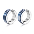 Detail of silver stainless steel clip-on earrings with three blue striped accents - Single Piece / Blue and Silver