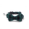 Detail of green plaid pet collar with bowknot, black cat buckle, and silver bell - Bowknot Style / Green