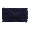 Detail of navy blue knitted headband showing thick yarn texture and bow knot - Navy Blue