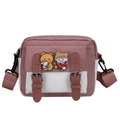 Süße Nylon-Umhängetasche in Pink und Weiß mit Cartoon-Ansteckern und breitem Schultergurt - Rosa